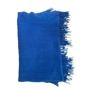 Pottery Barn Royal Blue Knit Acrylic Fringe Throw Blanket 5.5'x5.5' | 2C04